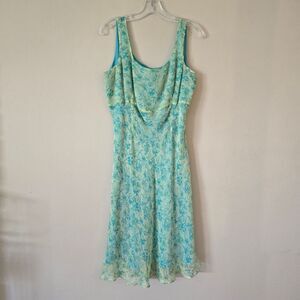 LA RUE 39 Floral Blue and Green Midi Dress Size 12P Y2K Fairycore 100% Silk